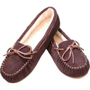 Women's Dark Brown Leather Faux Fur Pile lace Up Cozy Bow Warm Slippers Shoes